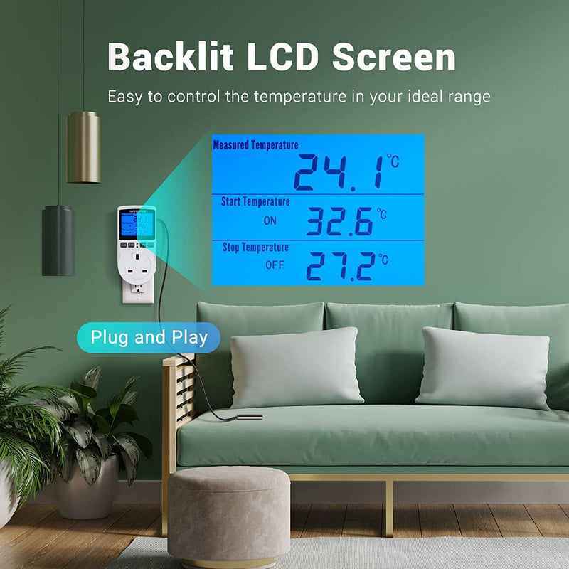 [Australia - AusPower] - Backlit Digital Temperature Controller, LCD Screen Heating Cooling Thermostat Outlet Socket with Sensor Timer Regulator for Reptile Incubator Greenhouse Brewing Refrigerator, 110V, 15A, ?/? 