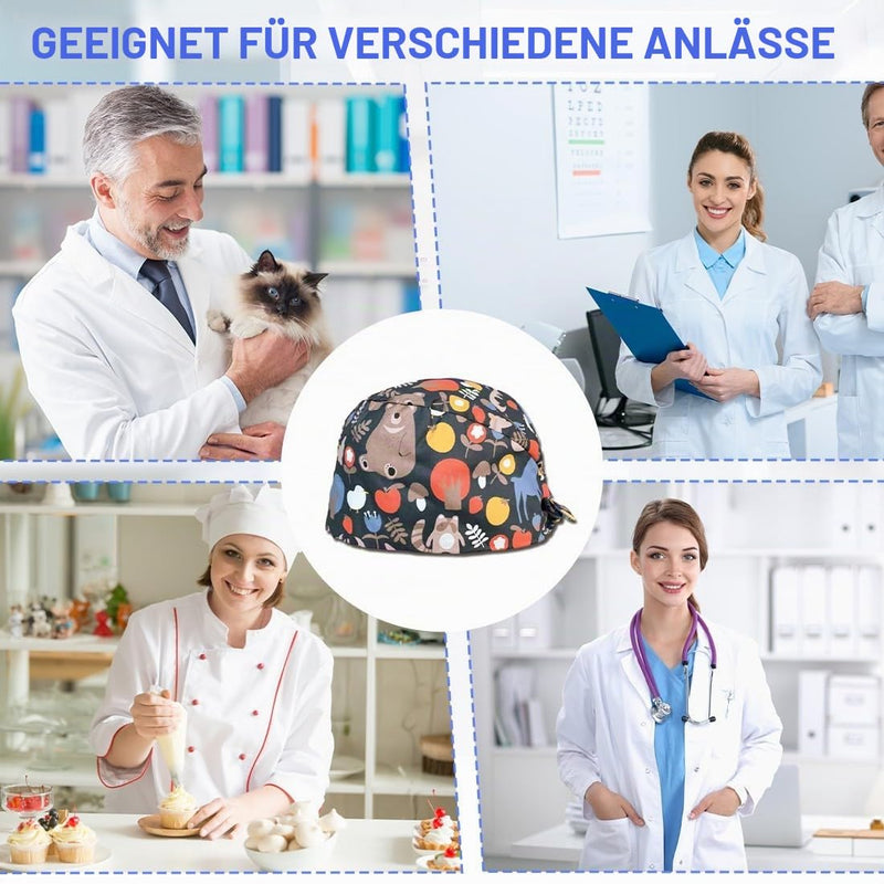 Surgical Cap Adjustable Work Cap Cotton Print Nurses Cap Surgical Caps Women Men Dust Caps Cap for Doctors, Nurses, Surgical Hood Fabric, Cute Small Animals (Black) Multicolored2