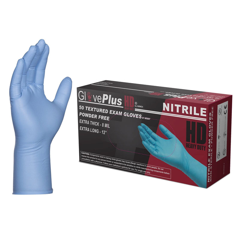 GLOVEPLUS HD Medical Blue NitrileGloves - 8 mil, 12 inches Long, Latex Free, Powder Free, Textured, Disposable, Non-Sterile, Large,GPNHD66100-BX, Box of 50 Large (Pack of 50) 50 Gloves