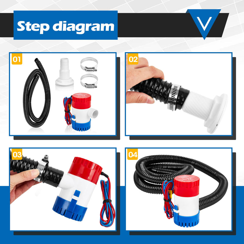 12V 1100GPH Bilge Pump Kit, 0.98 Inch, Non-automatic | 6 ft/1.8 meters Bilge Pump Hose, 2pcs Stainless Steel Clamps, Thru Hull Fitting, For Boats, Speedboats, Yachts B - 1100GPH