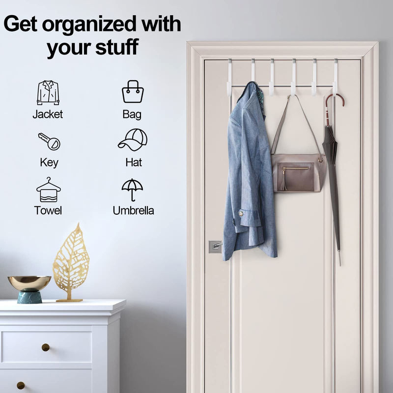 [Australia - AusPower] - 6 Pack Over The Door Hooks, Sturdy Metal Single Over Door Hooks, White Door Hanger Hook Door Hooks for Hanging, Towels, Clothes, Bathroom, Hold Up to 7Lbs 