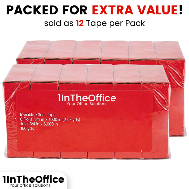 1InTheOffice Clear Tape, Invisible Tape Rolls, Packing, Wrapping Heavy Duty 3/4-Inch, 1-Inch Core, 12 Pack
