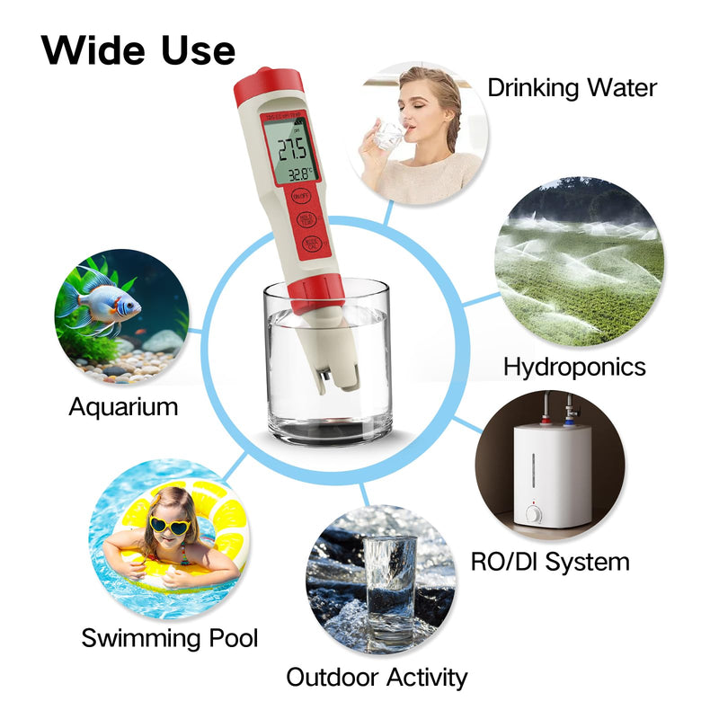 [Australia - AusPower] - ZuanXin TDS Tester, 4 in 1 Tester with PH/TDS/EC/Temp, Pool PH Tester for Drinking Water, Swimming Pools, Hot Tubs, and Spas(red and White) red 
