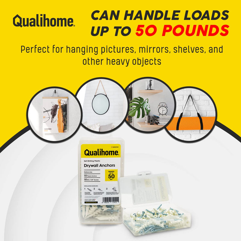 [Australia - AusPower] - Qualihome Heavy Duty Plastic Self Drilling Drywall Anchors and Screws Kit | Includes 50 Drywall Anchors, 50#8 1-1/4 Inch Screws & Reusable Storage Case 50 Pack 