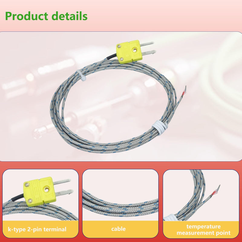 [Australia - AusPower] - 2 Packs K-Type thermocouple Probes Glass Fiber Cable 78 in Detection Range -50°F to 900°F 