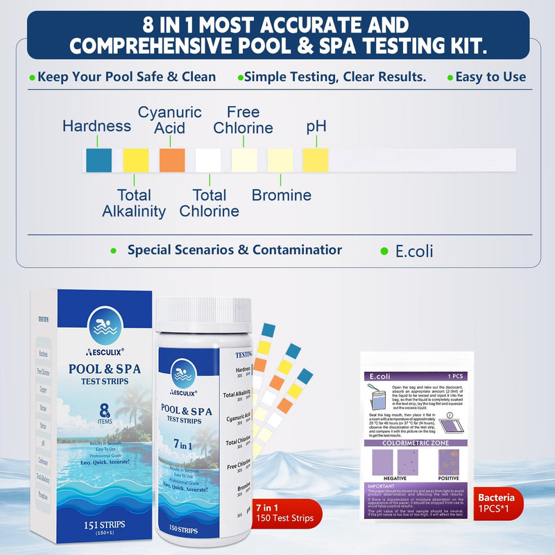 [Australia - AusPower] - 8-in-1 Pool Test Strips, 151 Strips Spa and Hot Tub Water Testing Kit, Pool Water Test Kit for Free Chlorine, Total Chlorine, Bromine, pH, Alkalinity, Hardness, Cyanuric Acid 
