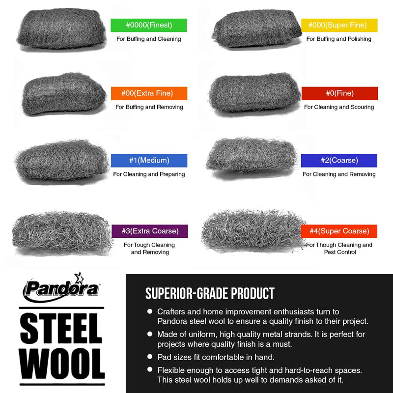 [Australia - AusPower] - Pandora Steel Wool #0000 - Finest Grade, 16 Pads for Buffing and Cleaning - Quality Metal Strands - Ideal for Windows and Furniture #0000 Finest 