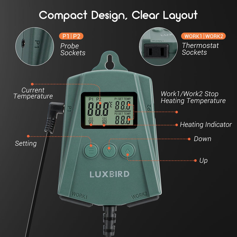 [Australia - AusPower] - LUXBIRD Reptile Thermostat Controller (250w Per Outlet), Digital Thermostat for Turtles, Lizards, Frogs, and Other Reptiles (Power Off Memory New) LB-2SC New Ver. 