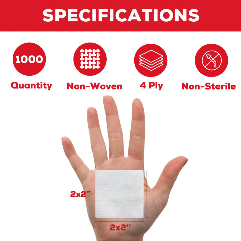 [Australia - AusPower] - HEALQU 1000 Gauze Pads 2x2" - Soft Non-Woven 4-Ply Gauze Pads for Tooth Extractions, and Dental Procedures - Non-Sterile Square Gauze Sponges for First Aid, Surgical, & Wound Dressing (5 Packs of 200) 