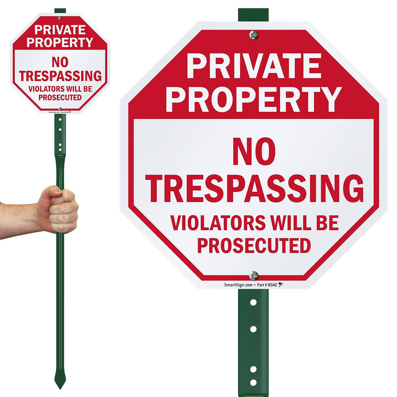 SmartSign "Private Property - No Trespassing, Violators Will Be Prosecuted" LawnBoss® Sign | 10" Octagon Aluminum Sign With 3' Stake