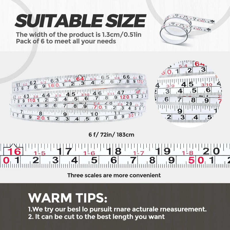 6 Pieces 6 ft Self Adhesive Measuring Tape Adhesive Backed Double Scale Ruler Measuring Tape for Work Woodworking Workbench Saw Drafting Table(White) White