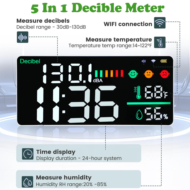 [Australia - AusPower] - Decibel Meter Wall Mounted Hanging and Desktop Sound Level Meter, 11 inch LED Large Display WiFi Noise Meter Decibel Time Temperature Humidity Meter with Alarm Icons Indicator for Classroom, Home 5-in-1 Noise Monitor 