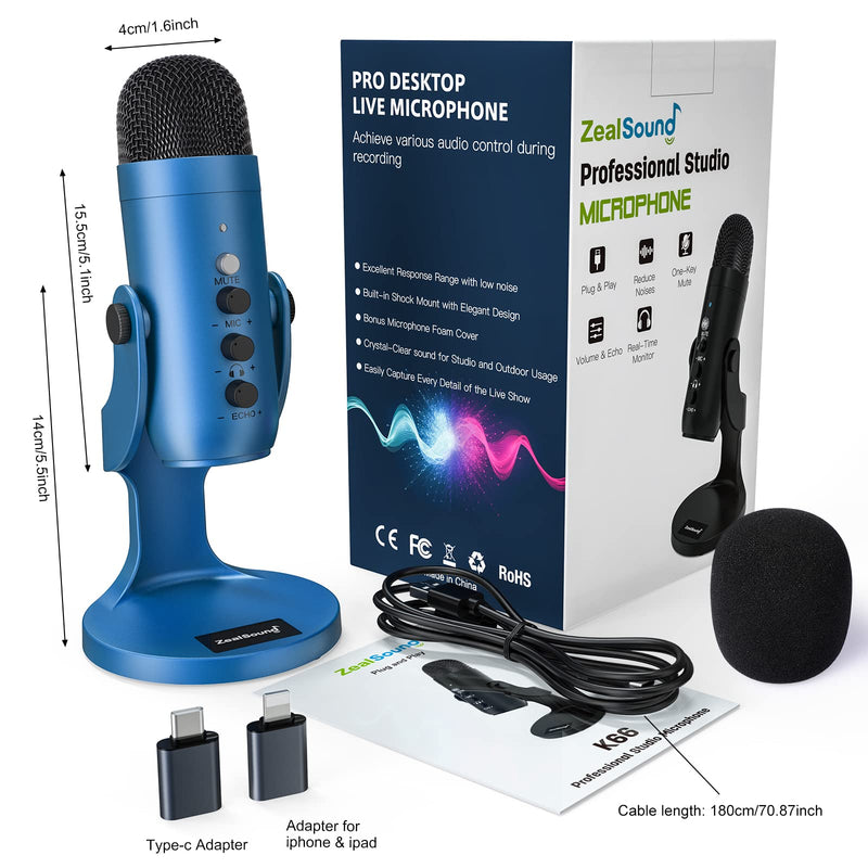 [Australia - AusPower] - ZealSound USB Microphone,Condenser Gaming Mic for Phone/Laptop/PC/PS4/5/Computer,Microphone with Gain Knob,LED Mute,Monitor Volume Adjustment,Stand Base for Streaming, Podcast, Studio Recording (Blue) Blue 