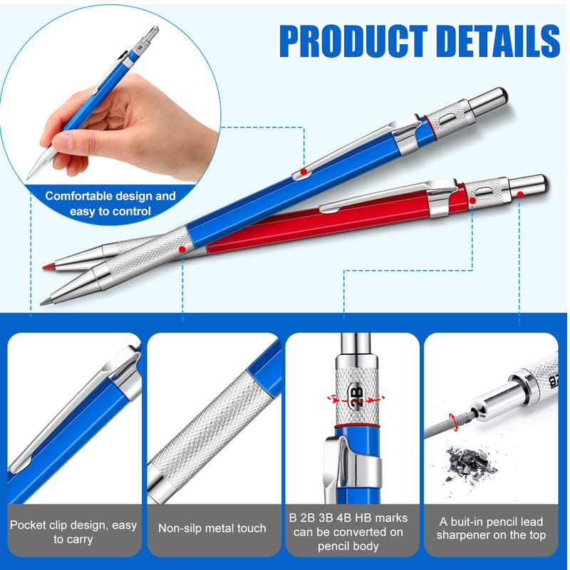 Gersoniel 2 Pcs Welders Pencil with 48 PCS Round Refills Mechanical Pencils Metal Welding Marker for Tube Pipe Fitter Welder Steel Construction Woodworking (Red, Silver) Red, Silver