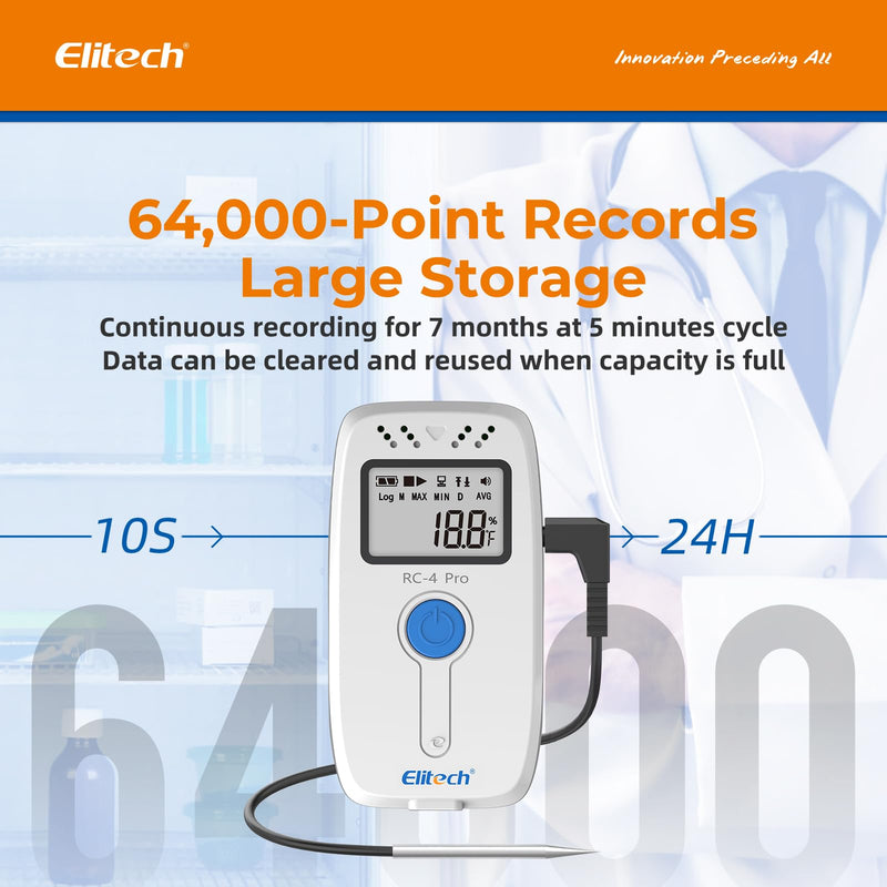 Elitech Temperature Humidity Data Logger, Reusable Recorder with Built-in Buzzer, -40~85°C, 64000 Points, Auto PDF/CSV Reports, Win/Mac Software, Calibration Certificate for Audit Compliance RC-4HPro RC-4HC Temp-Humi Probe RC-4 64000Points 1