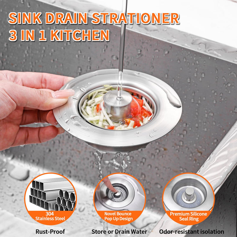 3-in-1 Kitchen Sink Drain Strainer & Sink Stopper 2 Pack - 304 Stainless Steel Sink Drain Strainer, Pop-Up Anti-Clog Design, Fits Standard 3-1/2'' Sink Drains Sus304 Brushed 2pack