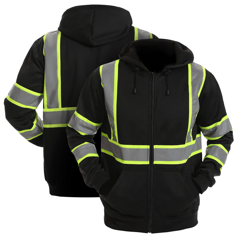 High visibility Hoodie for Men,Class3 Hi Vis Hoodie with Zipper,Reflective Hooded Hood,Construction work Safety Sweatshirt with Large front Pocket for Men/Women BLACK,2XL Black02 XX-Large