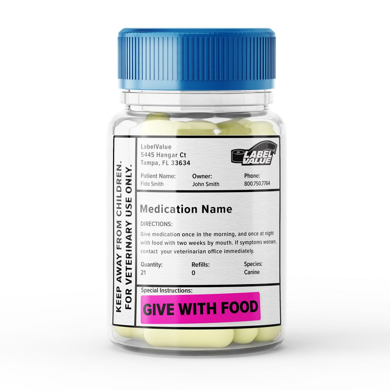 LabelValue | Give with Food - Veterinary Labels/Stickers - 0.375” x 1.625”, [500 Labels/1 Roll], Fluorescent Pink | Warning Stickers for Veterinary Clinics/Hospitals