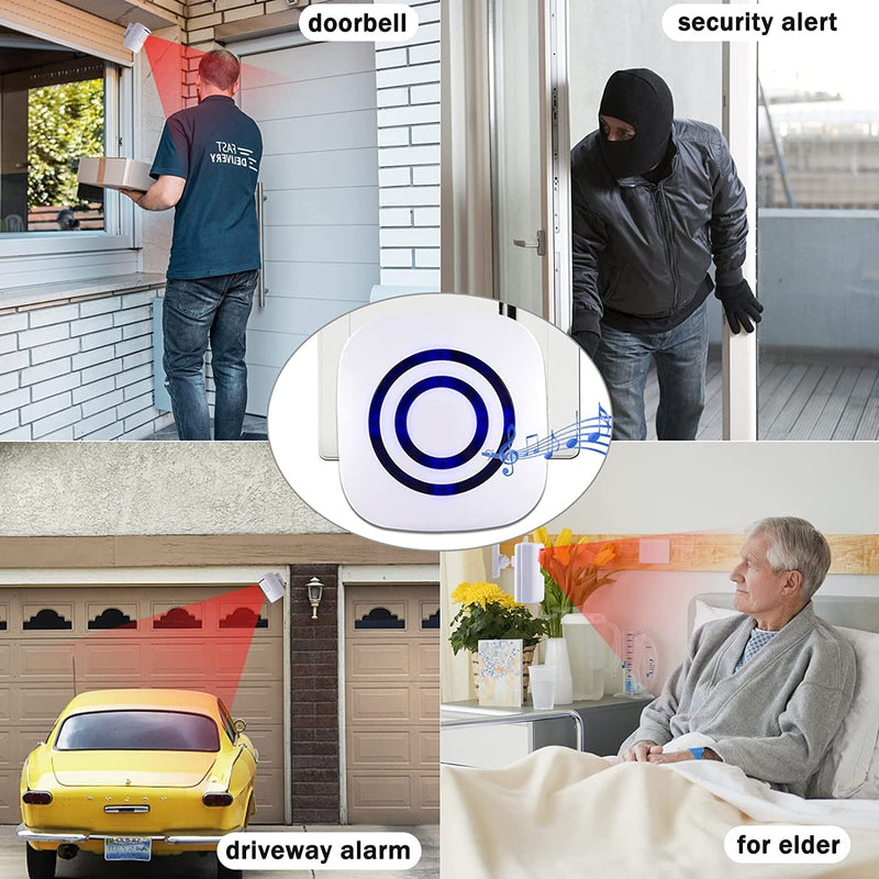 [Australia - AusPower] - Motion Sensor Alarm, Long Range Wireless Driveway Alarm, Indoor Home Security System Electric Doorbells, 4 Motion Detector and 2 Alarm, 38 Chime Tunes, LED Indicator 2 alarm + 4 detector 