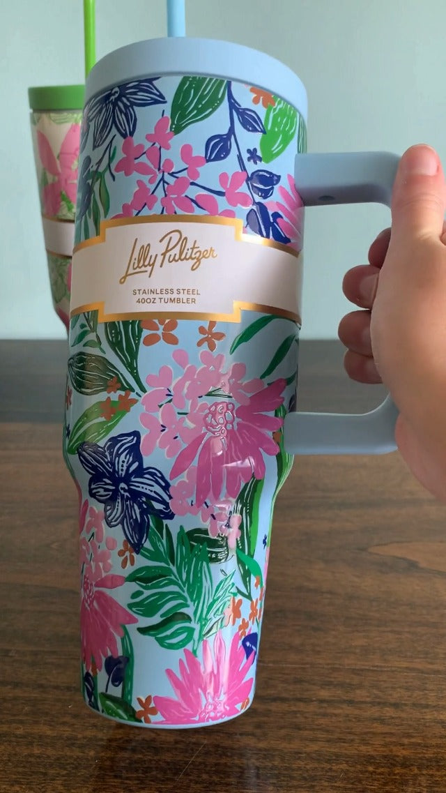 Lilly Pulitzer 40 Oz Insulated Tumbler with Lid, Straw & Handle, Stainless Steel Travel Water Bottel, Double Wall Metal Cup (Endless Summer) Endless Summer