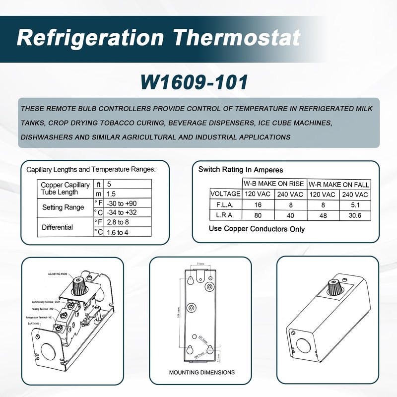 [Australia - AusPower] - Refrigeration Thermostat Temperature Controller from -30°F to 90°F Capillary Length 5 Ft with Mechanical Temperature Control Switch Replace#: W1609-101 