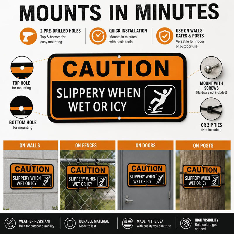 2 Pack Caution Slippery When Wet or Icy Sign, 12 x 6 Inch Reflective Aluminum Safety Warning Sign, UV Protected, Weather Resistant, Easy to Mount