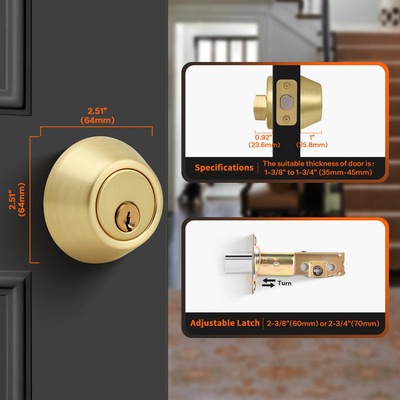 Single Cylinder Deadbolt, Keyed Front Door Lock, Satin Brass | Keyed exterior deadbolt with thumb turn, adjustable latch, standard door fit, satin brass finish