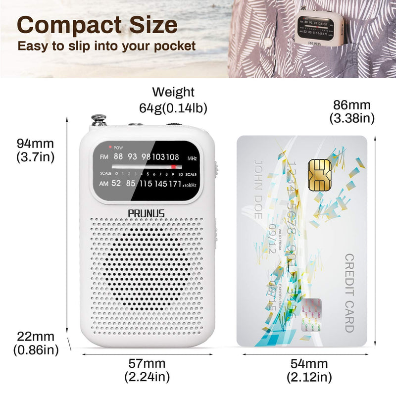 [Australia - AusPower] - PRUNUS J-777 Pocket Radios Portable AM FM Small Walkman Radio with Best Reception, 2 AAA Battery Operated Transistor Radio with Headphone & Speaker for Walk/Jogging/Gym/Camping White 