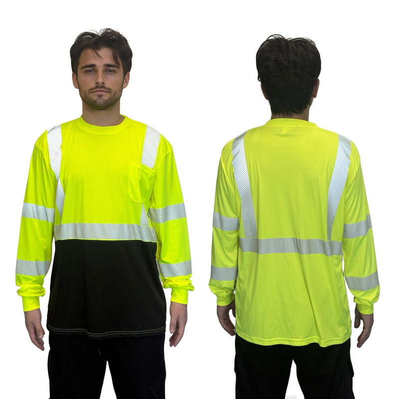 W&H Men's Class 3 High Visibility Long Sleeve Safety Shirt, UPF 40+ Sun Protection Quick-Dry Reflective Work Tee with Pocket Yellow 4X-Large