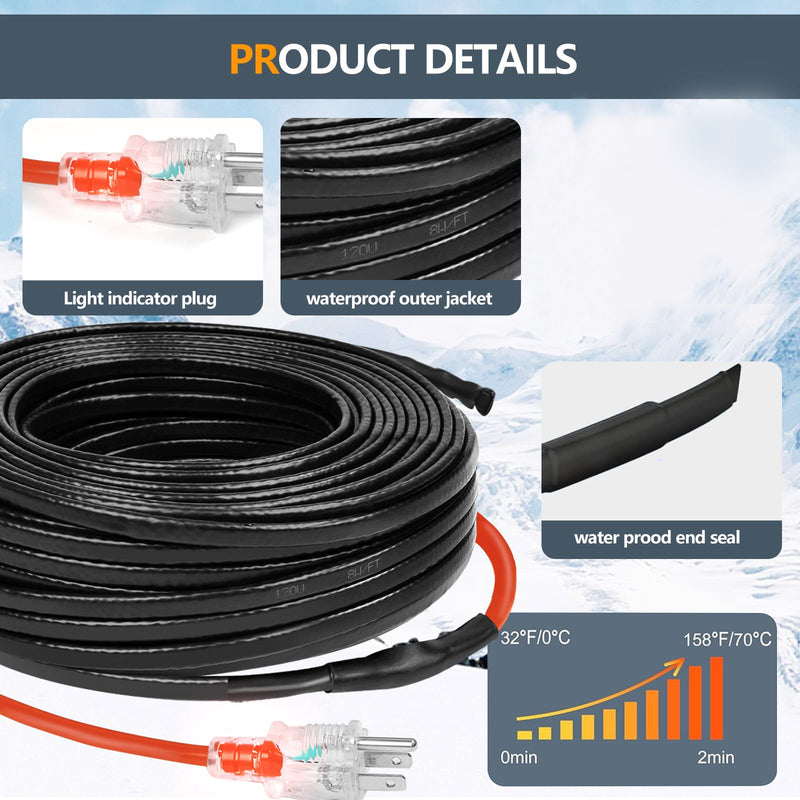 9FT Heating Cable for Metal and Plastic Home Pipes, Energy-efficient, Pipe Heat Tape for Water Pipes, Pipe Freeze Protection, Keeps Water Flowing at -40℉, 120V, 8W/FT 9FT