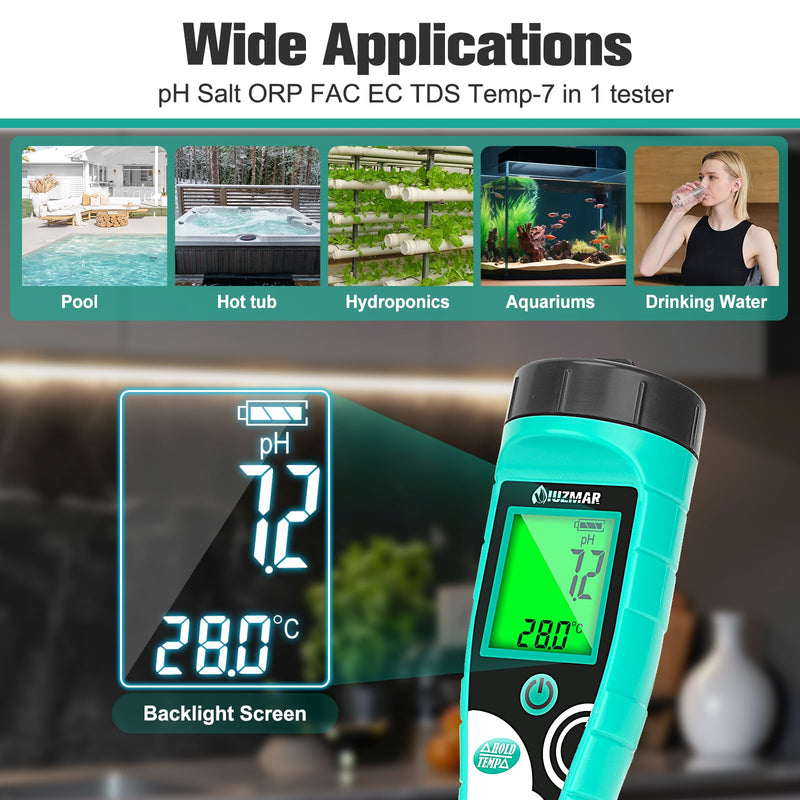 [Australia - AusPower] - Pool Salt Tester pH Meter Digital Chlorine pH Tester Salt Meter for Pool 7 in 1 Water Tester for Swimming Pool Aquariums 7 in 1 Meter 