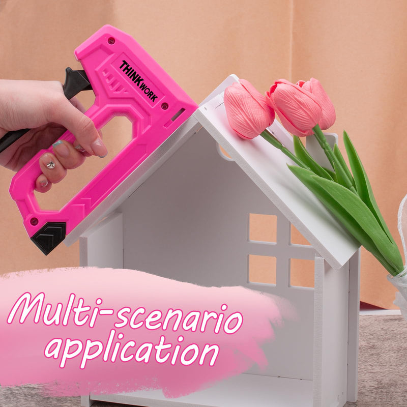 [Australia - AusPower] - THINKWORK Light Duty Staple Gun, Pink Upholstery Staple Gun for Wood with 2100pcs JT21 Staples 1/4", 5/16", 3/8" and Staple Remover, Women Fabric Stapler Gun for Crafts, Wall, Arts, DIY, Decoration 