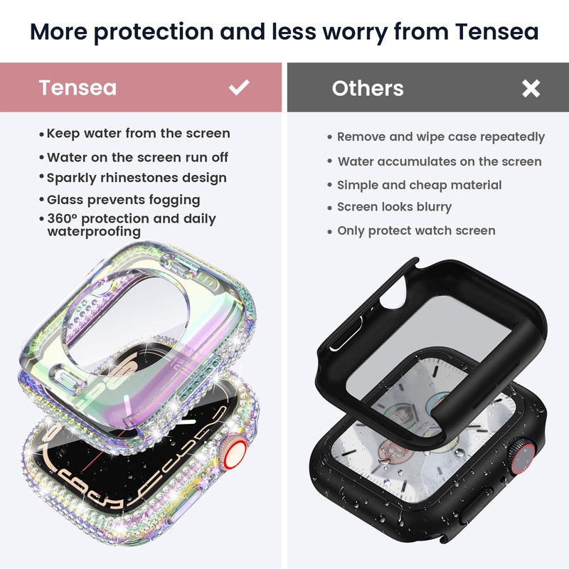 [Australia - AusPower] - Tensea [2 in 1 for Waterproof Apple Watch Screen Protector Case Series 9 8 7 45mm Accessories, iWatch Hard Diamond Front & Back Bumper Case with Tempered Glass Film, Bling Face Cover Women, 45 mm for 45mm Only Iridescent 