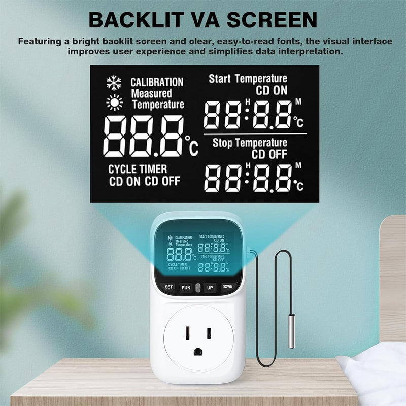 [Australia - AusPower] - Digital Thermostat Socket, Only Fahrenheit Countdown Temperature Controller 110~120V VA Display Heating Cooling Mode Timer with Sensor for Reptile Greenhouse Home Fermentation Home, -40℉~210℉ 