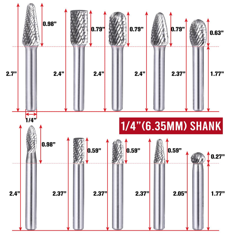 [Australia - AusPower] - Tungsten Carbide Burr Set 1/4" Shank 10Pcs Die Grinder Bits Rotary Cutting Burrs Double Cut for Metal Steel Wood Weld Concrete Deburring Finishing Carving (1/4"Shank 10PC) 1/4"Shank 10PC 