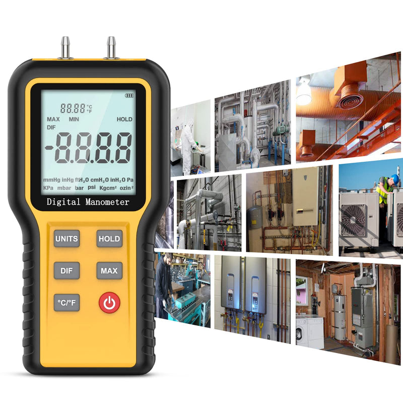 [Australia - AusPower] - Manometer Gas Pressure Tester, Digital HVAC Manometer Dual-Port Air Pressure Meter with Backlight and Data Record Function, Professional Differential Pressure Gauge with 12 Measure Units 