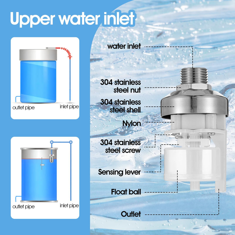 [Australia - AusPower] - 2 Pack Water Float Valve 1/2" to 3/4'' Auto Shut off Water Tank Float Valve 304 Stainless Steel Fully Automatic Level Control for Pool, Livestock Troughs 
