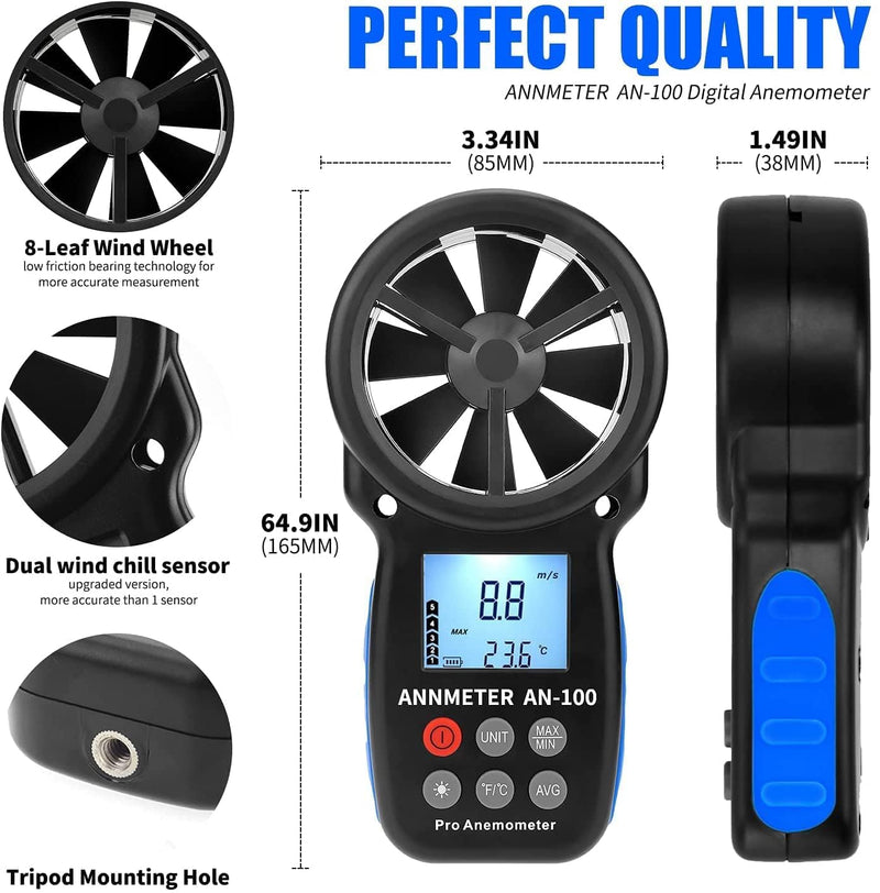Digital Wind Gauge Anemometer, AIOMEST Wind Meter Measures Wind Speed 90 km/h & Air Temperature ℃/℉, Portable Wind Meter AI-100 for Sailing, Windmill, Windsurfing, Ventilation System
