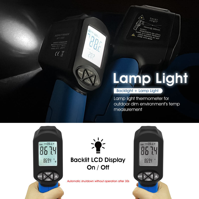 [Australia - AusPower] - AOPUTTRIVER AP-1580 Infrared Thermometer Temperature Range -58°F to 2876°F with DS 30:1 High Temperature Thermometer with Adjustable Emissivity Backlight for HVAC Pizza Ovens AP-1580(Blue) 