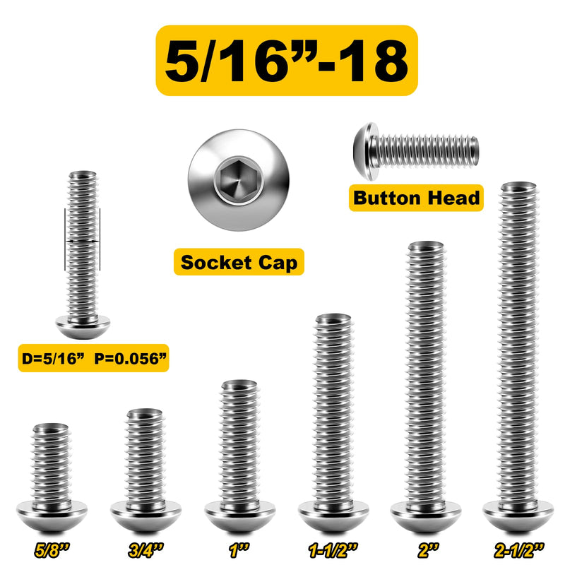 [Australia - AusPower] - (20Sets) 5/16 Bolts, 5/16-18 x 2-1/2" Button Head Socket Cap Nuts and Bolts, 5/16 Bolt 304 Stainless Steel Bolts and Nuts, Coarse Thread Metric Bolt Assortment Allen Screws Furniture Bolts by Mywish (Silver) 5/16-18" 2-1/2" 