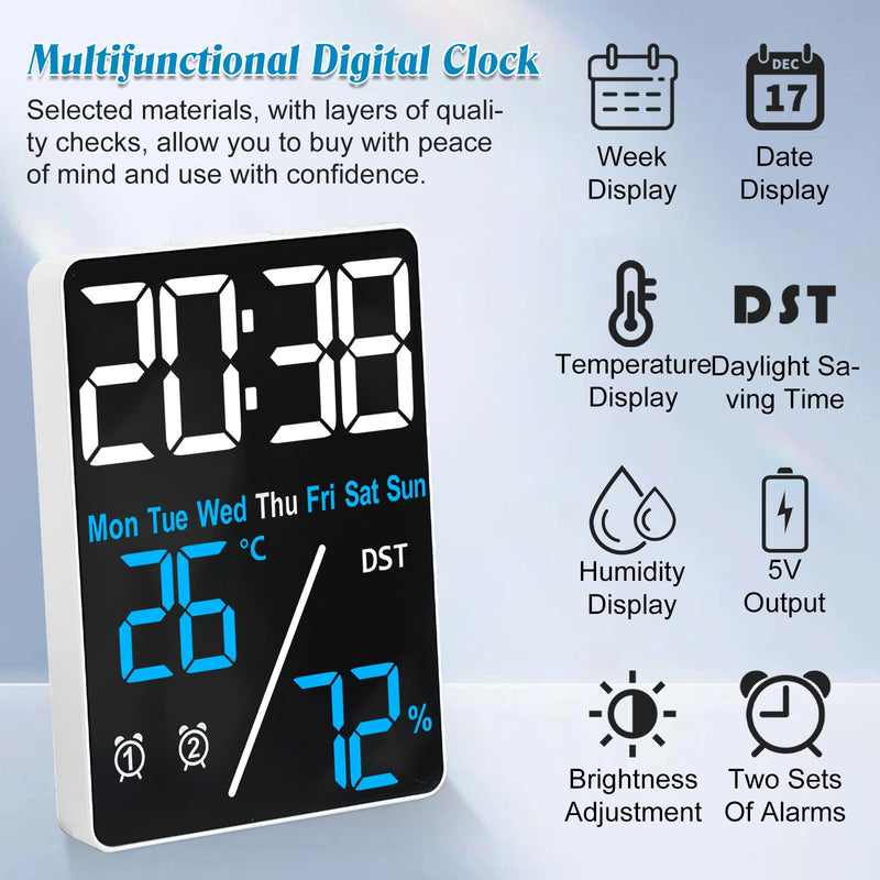 [Australia - AusPower] - Digital Room Thermometer Hygrometer Alarm Clock, 5.9 inch Desktop Accurate Humidity Temperature Monitor Meter for Indoor Outdoor Kitchen Office Bedroom Livingroom (Battery Not Included) 