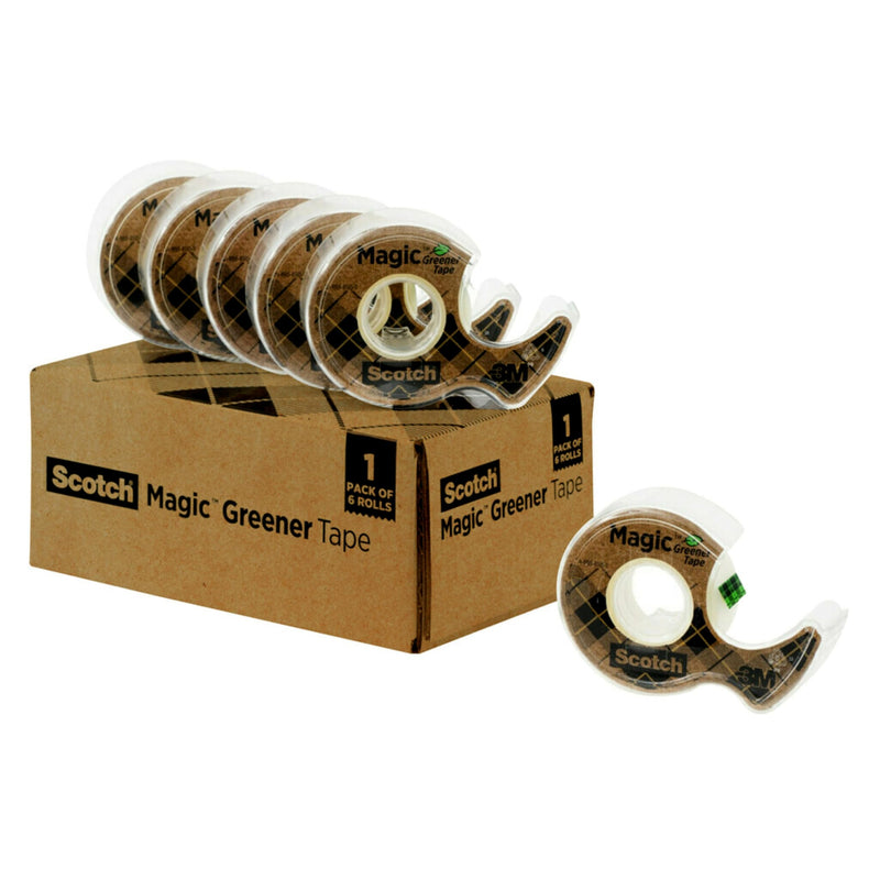 Scotch Magic Greener Tape, 6 Rolls, Numerous Applications, Invisible Tape, Engineered for Repairing, 3/4 in. x 600 in., 6 Dispensers (6123) 6-Pack