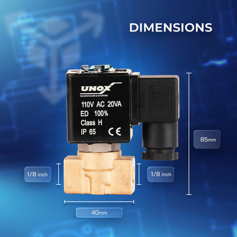 UNOX 1/8" NPT Solenoid Valve 110V AC, Brass Control Valve Normally Closed - 0-232 PSI Multi-Purpose Reliable Control Valve for Water, Air, and Gas - Solenoid Valves 0.125 Inch