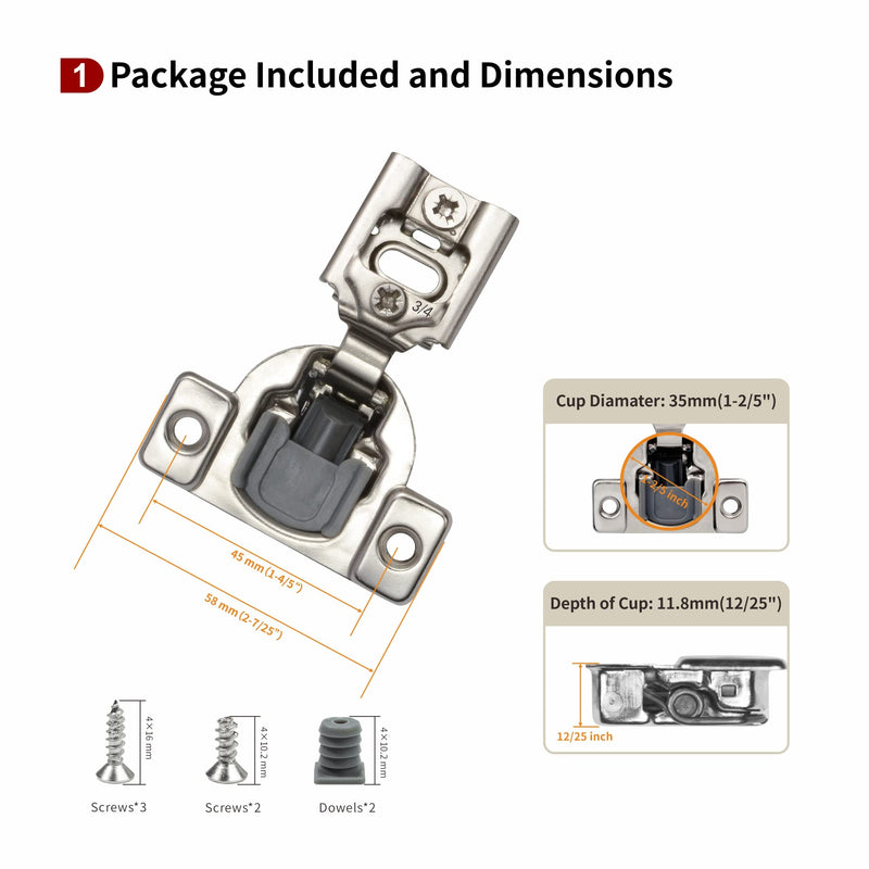 10 Pcs 3/4" Overlay Soft Close Cabinet Hinges 105° 3 Way Adjustable | 2D Structure,Cold Rolled Alloy Steel,face frame cabinets,anti-rust coating,damped closure,7.6kg/pair,50k cycles,14-26mm doors 2D 3/4 inch Overlay 10