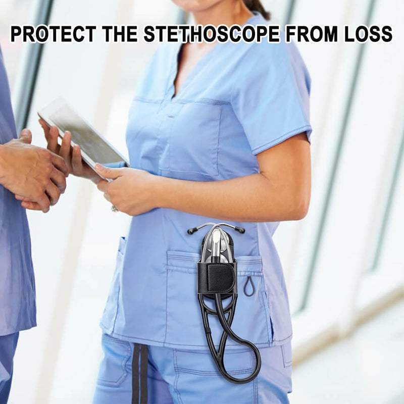 [Australia - AusPower] - Premium PU Black Leather Stethoscope Holder Hip Clip Compatible with Littmann and Most Stethoscopes, Stethoscope Holster Clips Holder Fit for Nurse, Physicians Stethoscope Pocket/Belt/Scrubs 