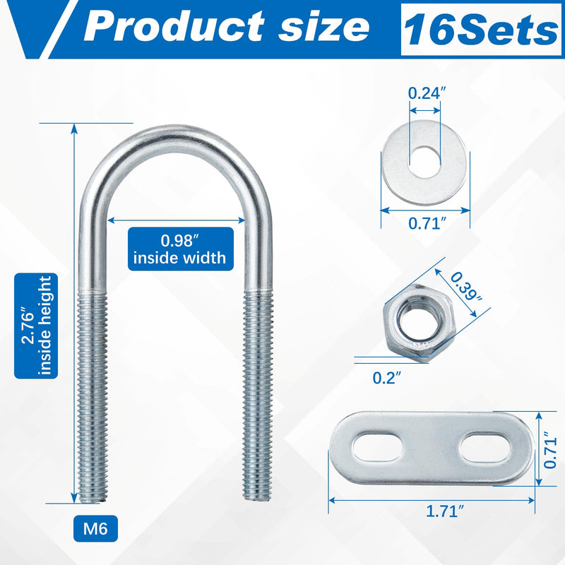 [Australia - AusPower] - Therwen 16 Sets Round U Bolts Zinc Plated Steel Round Bend U Clamp with Nut Plate Washer (M6 x 25 mm X 70 mm) M6 x 25 mm x 70 mm 