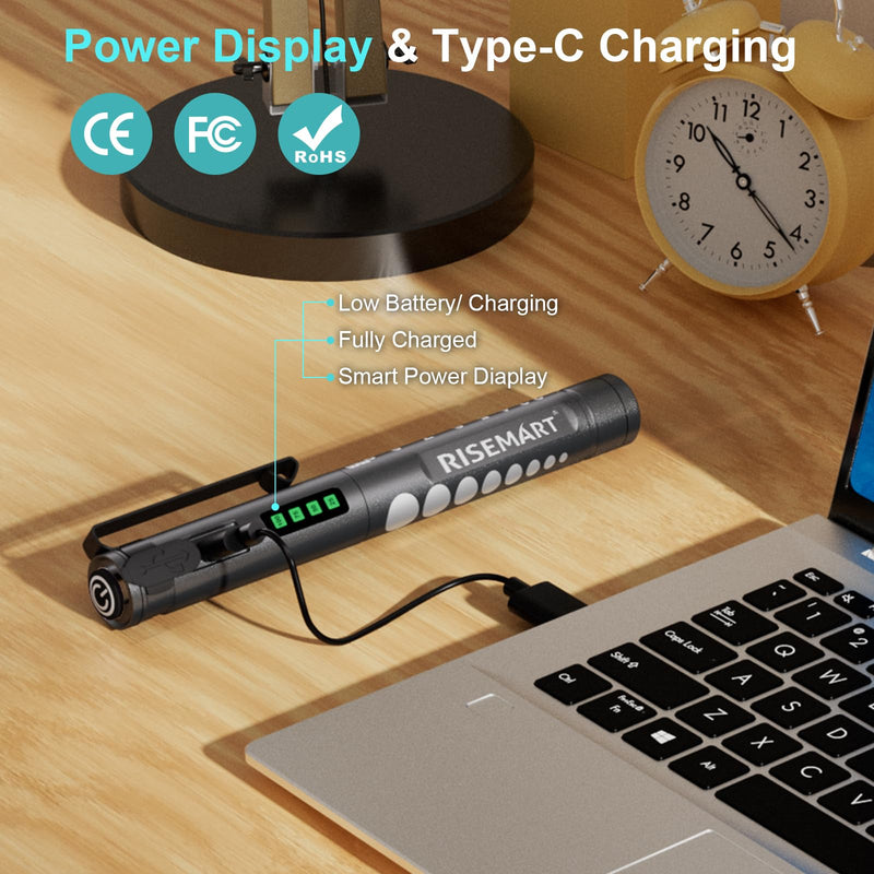 [Australia - AusPower] - RISEMART Medical Diagnostic Light, Rechargeable LED Pupil Light with Battery Display, Warm/Cool White & Continuous Dimming, Portable Aluminium Medical Digital Penlight black 