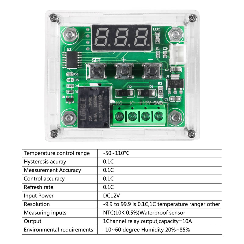 [Australia - AusPower] - 6pcs W1209 12V DC Digital Temperature Controller Board with Case Micro Digital Thermostat -50-110°C Electronic Temperature Temp Control Module Switch with 10A One-Channel Relay and Waterproof RED 12V RED 