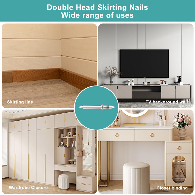 [Australia - AusPower] - 300 Pcs Krttwwx Double-Head Skirting Thread Seamless Nail, Double-Headed Nails, Invisible Screws & Specific Sleeve Tool, for Seamless Skirting Thread with Solid Wood Baseboard. 
