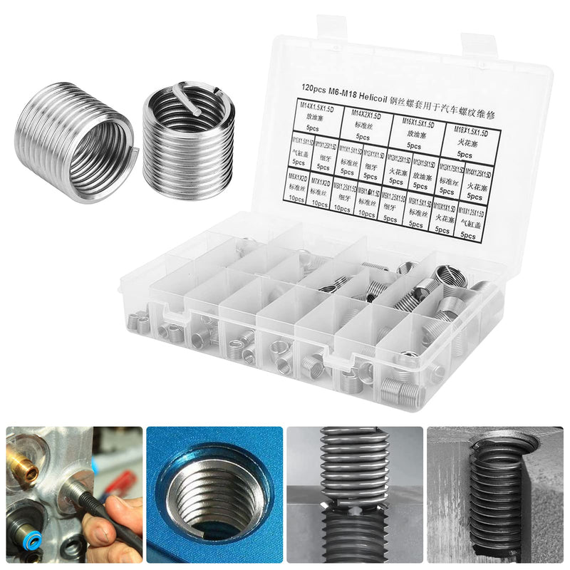 [Australia - AusPower] - EVTSCAN 120 Pcs Stainless Steel Helical Threaded Inserts Kit, with M3 M4 M5 M6 M8 M10 M12 M14 M16 M18 Metric Wire Thread Inserts, Free Running Coil, for Repairing Damaged or Worn Out Threads 